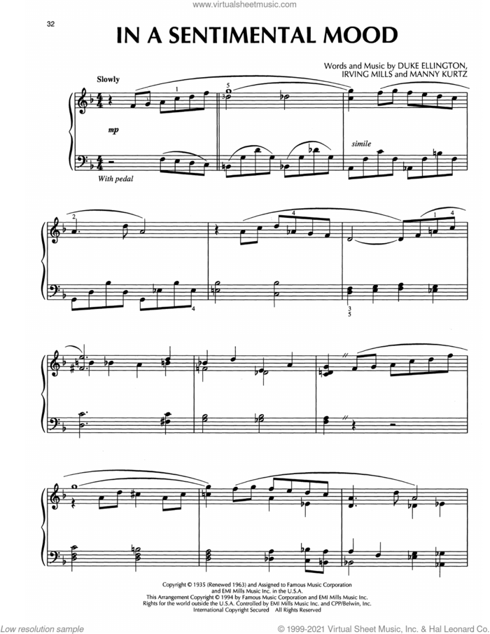 In A Sentimental Mood (arr. Bill Boyd) sheet music for piano solo by Duke Ellington, Bill Boyd, Irving Mills and Manny Kurtz, intermediate skill level