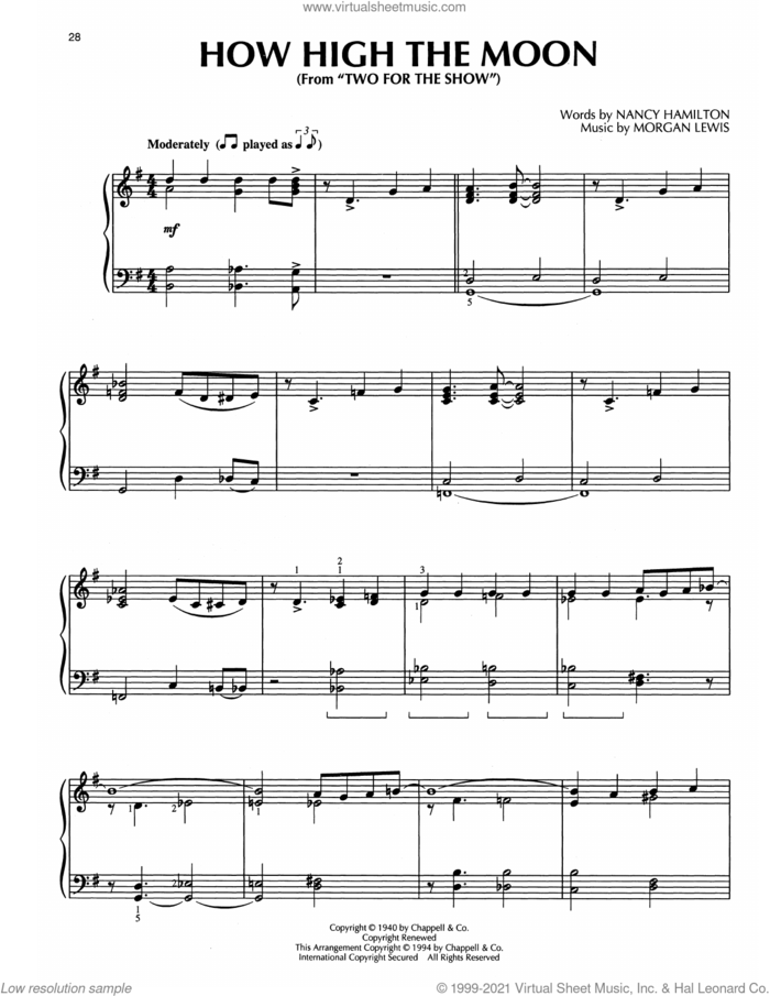 How High The Moon (from Two For The Show) (arr. Bill Boyd) sheet music for piano solo by Les Paul & Mary Ford, Bill Boyd, Morgan Lewis and Nancy Hamilton, intermediate skill level