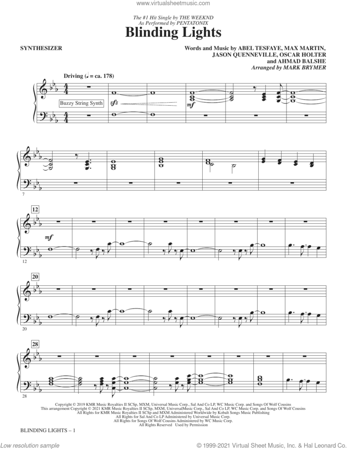Blinding Lights (arr. Mark Brymer) (complete set of parts) sheet music for orchestra/band by Mark Brymer, Abel Tesfaye, Ahmad Balshe, Jason Quenneville, Max Martin, Oscar Holter, Pentatonix and The Weeknd, intermediate skill level