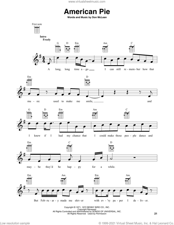 American Pie sheet music for baritone ukulele solo by Don McLean, intermediate skill level