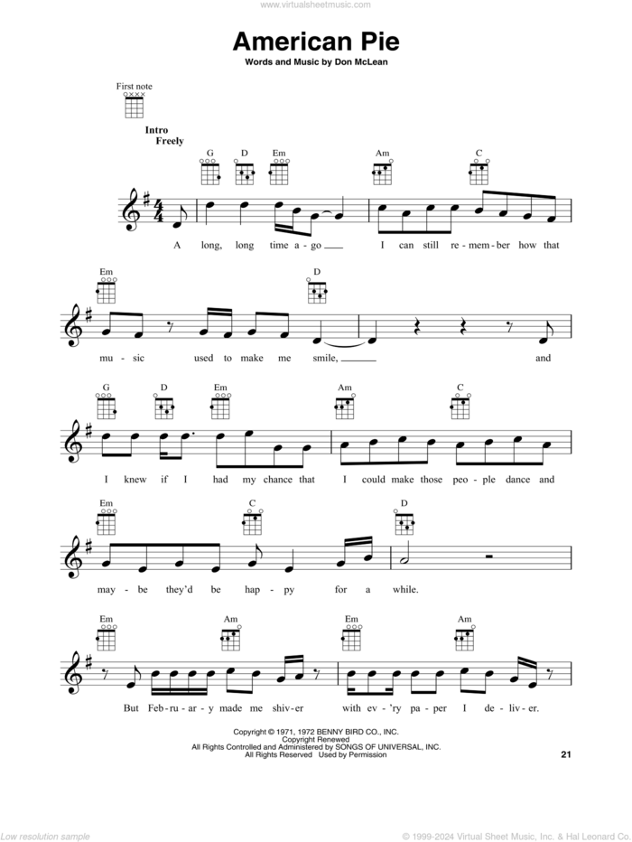 American Pie sheet music for baritone ukulele solo by Don McLean, intermediate skill level