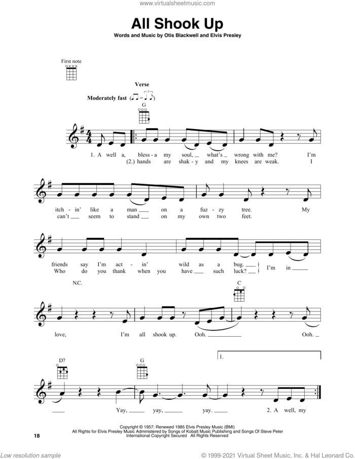 All Shook Up sheet music for baritone ukulele solo by Elvis Presley and Otis Blackwell, intermediate skill level