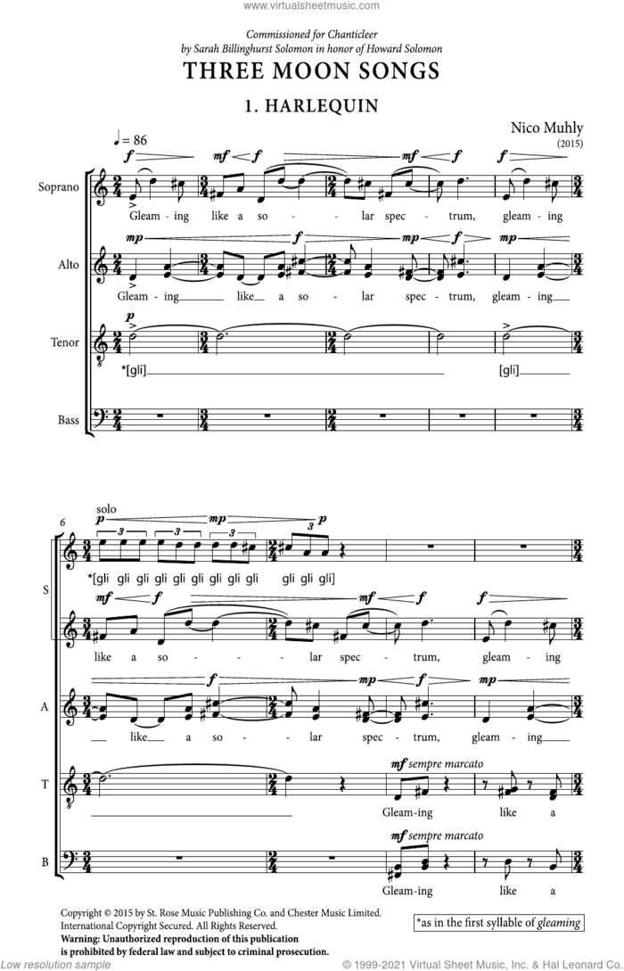 Three Moon Songs sheet music for choir by Nico Muhly, classical score, intermediate skill level