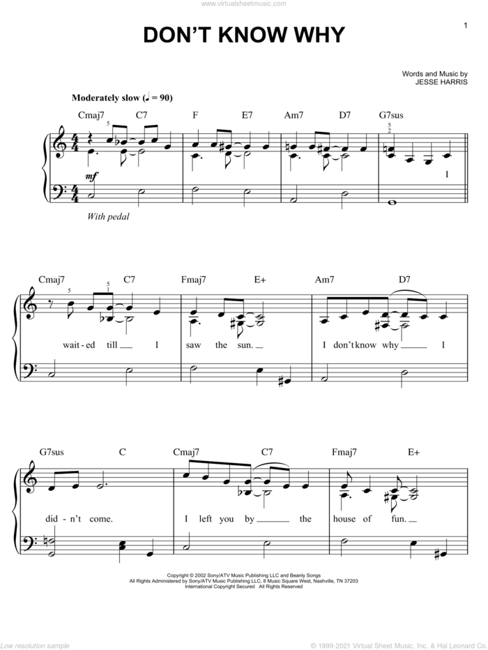 Don't Know Why sheet music for piano solo by Norah Jones and Jesse Harris, easy skill level