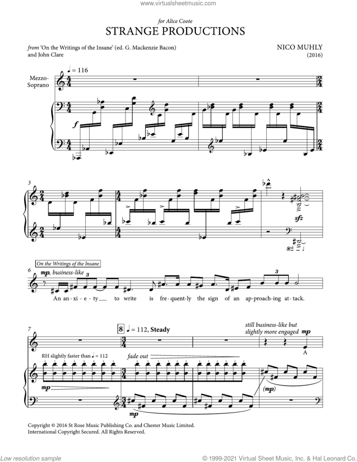 Strange Productions sheet music for voice and piano by Nico Muhly, classical score, intermediate skill level