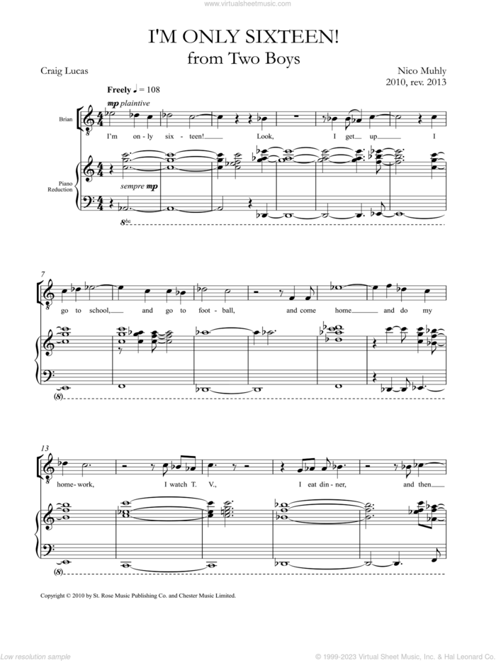 I'm Only Sixteen sheet music for voice and piano by Nico Muhly, classical score, intermediate skill level