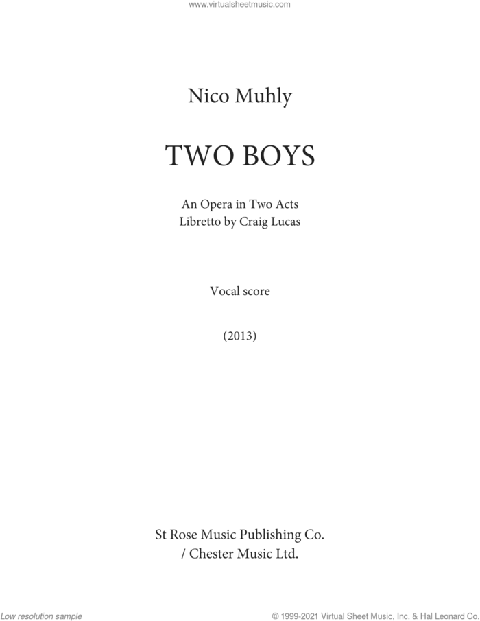 Two Boys sheet music for voice and piano by Nico Muhly and Craig Lucas, classical score, intermediate skill level