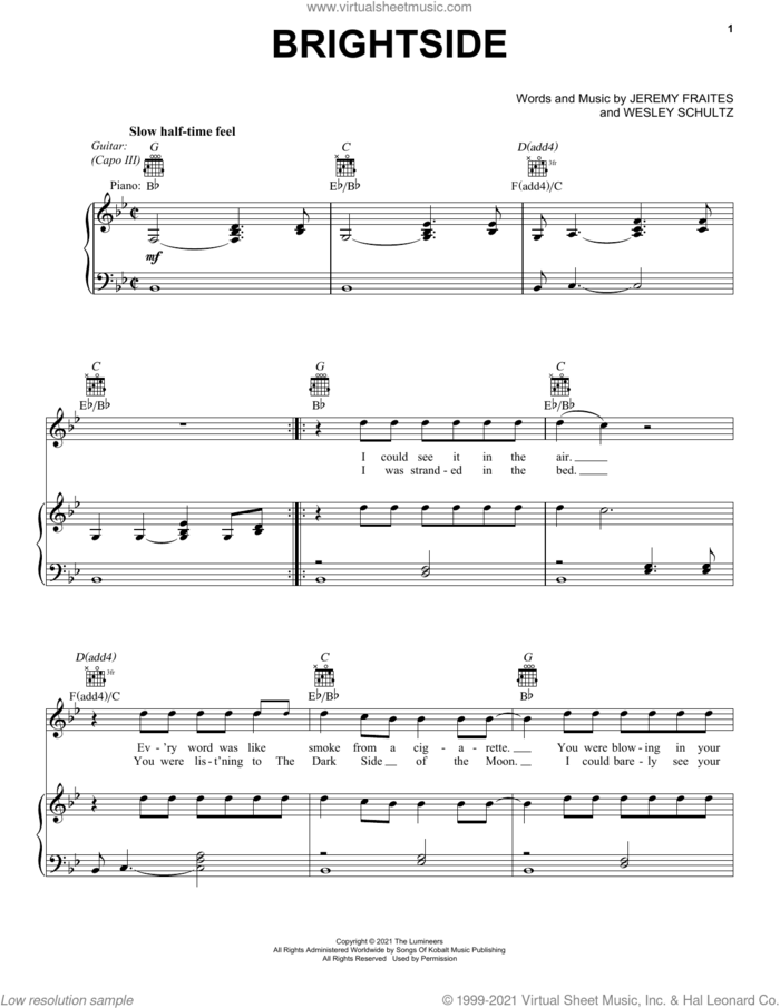 Brightside sheet music for voice, piano or guitar by The Lumineers, Jeremy Fraites and Wesley Schultz, intermediate skill level
