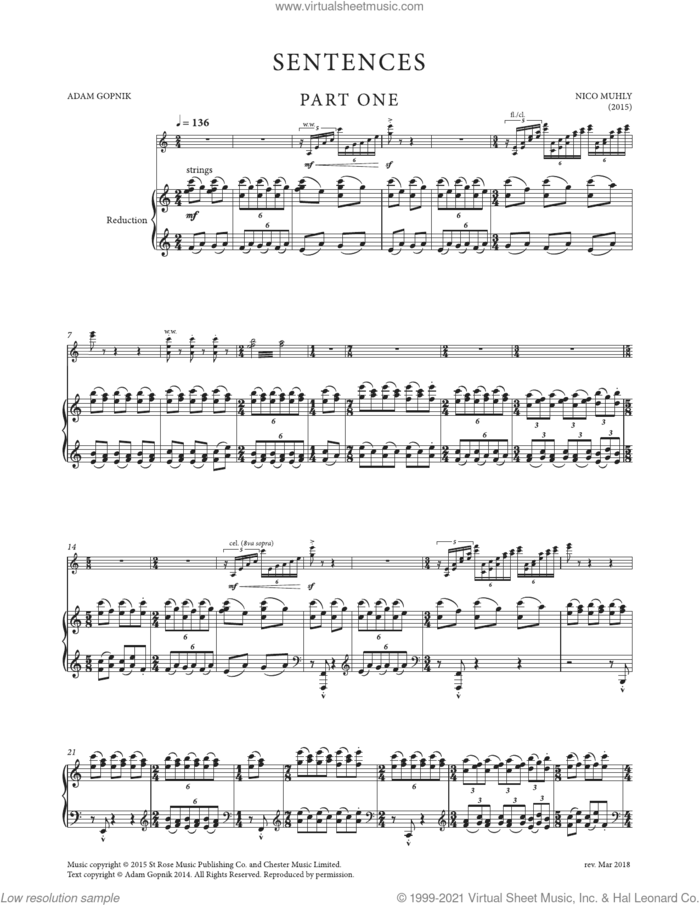 Sentences sheet music for voice and piano by Nico Muhly, classical score, intermediate skill level