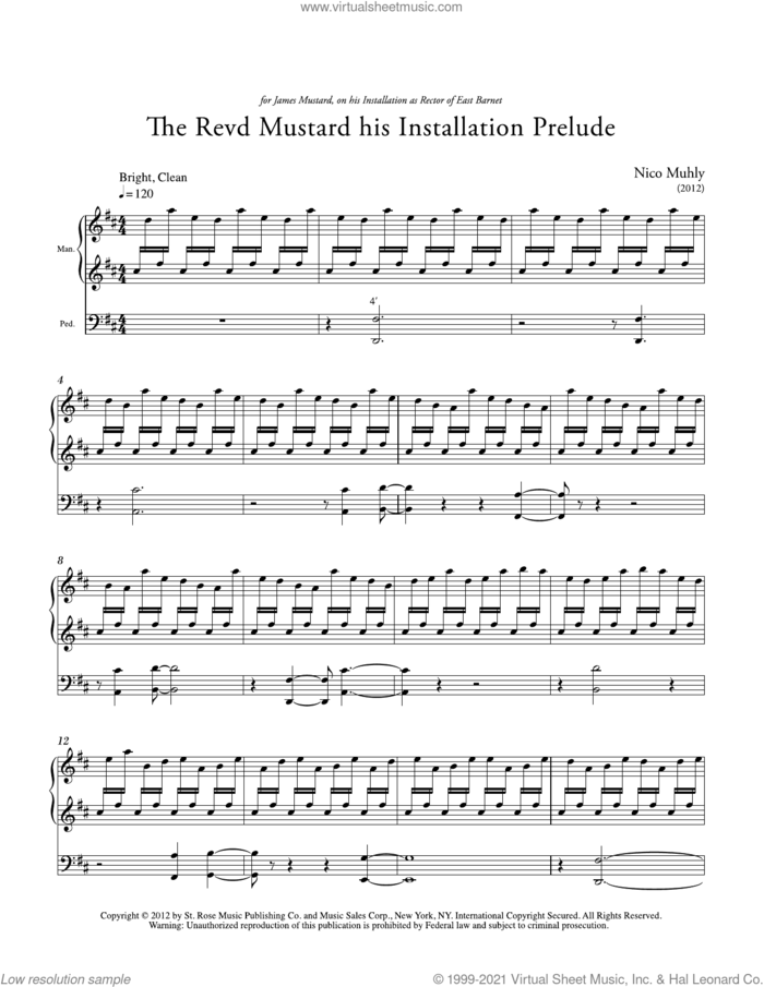 Reverend Mustard His Installation Prelude sheet music for organ by Nico Muhly, classical score, intermediate skill level
