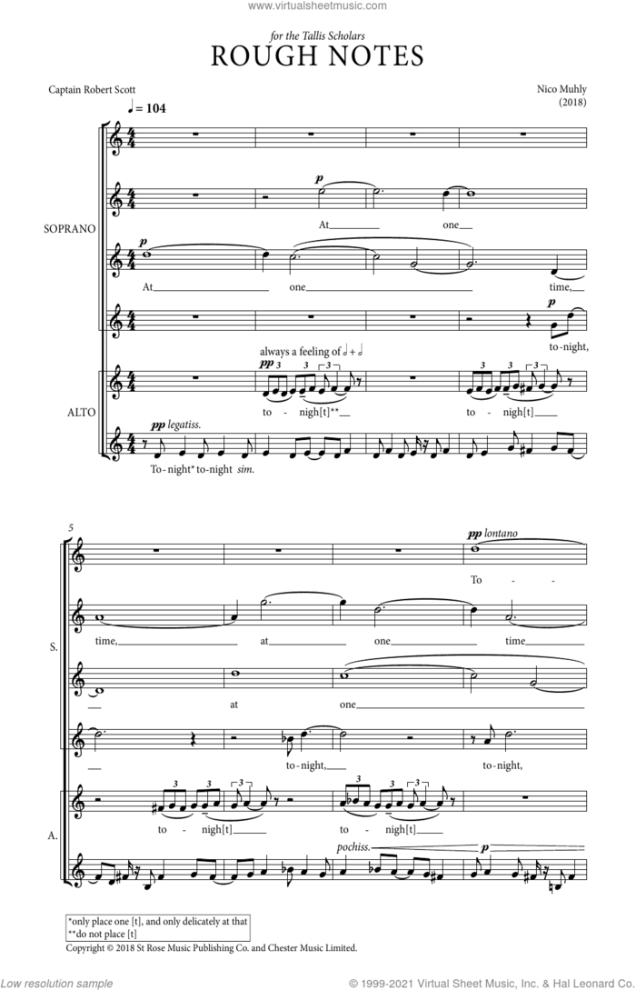Rough Notes sheet music for choir (SATB: soprano, alto, tenor, bass) by Nico Muhly and Captain Robert Scott, classical score, intermediate skill level