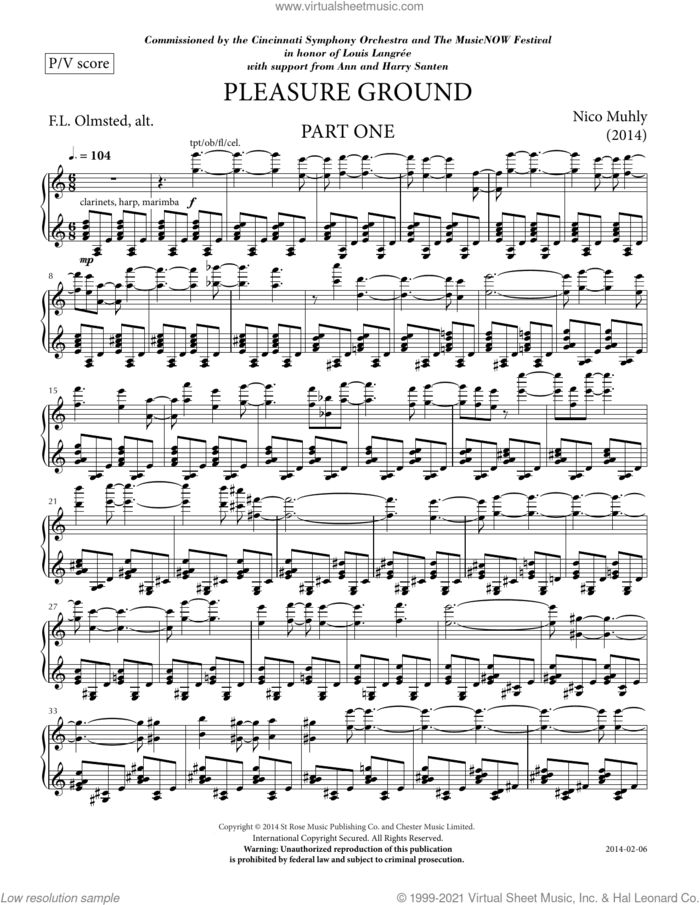Pleasure Ground sheet music for voice and piano by Nico Muhly and Frederick Law Olmstead, classical score, intermediate skill level