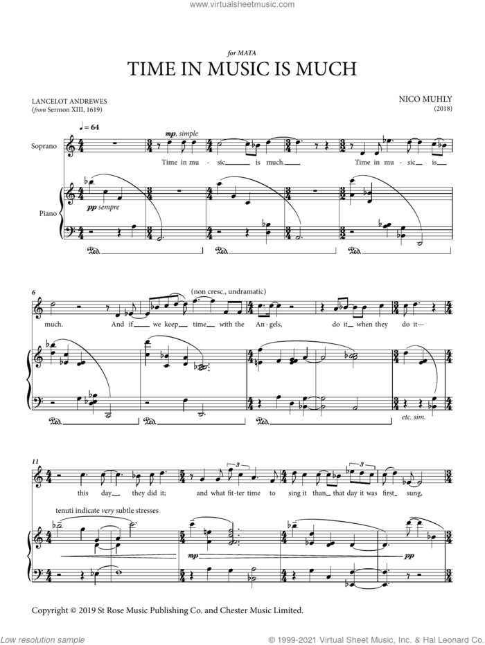 Time In Music Is Much sheet music for voice and piano by Nico Muhly and Lancelot Andrews, classical score, intermediate skill level