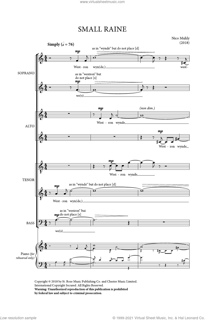 Small Raine sheet music for choir (SATB: soprano, alto, tenor, bass) by Nico Muhly, classical score, intermediate skill level