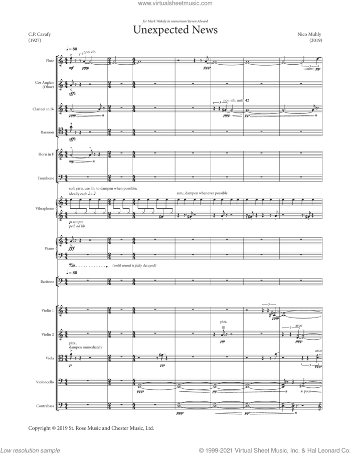 Unexpected News sheet music for orchestra (full score) by Nico Muhly and C.P. Cavafy, classical score, intermediate skill level