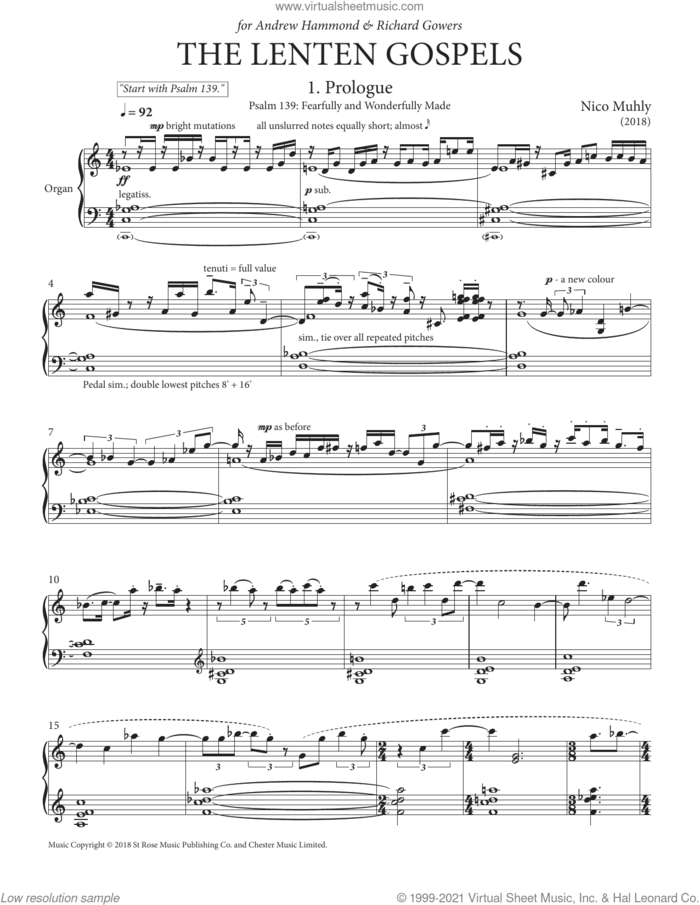 The Lenten Gospels sheet music for organ by Nico Muhly and Andrew Hammond, classical score, intermediate skill level