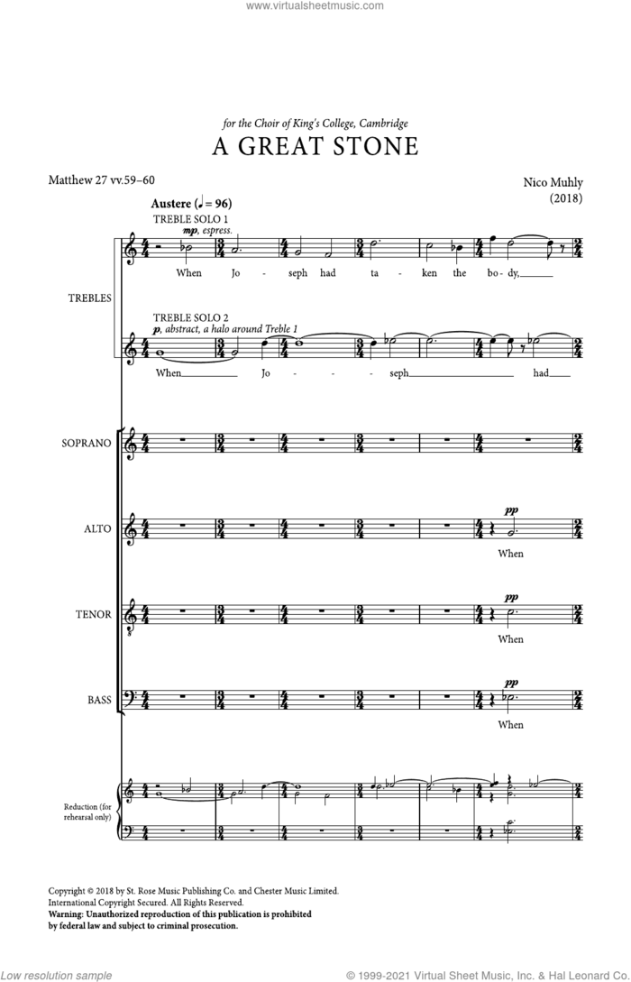 A Great Stone sheet music for choir (SATB: soprano, alto, tenor, bass) by Nico Muhly, classical score, intermediate skill level