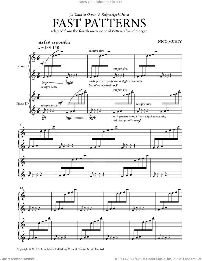 Fast Patterns sheet music for piano four hands by Nico Muhly, classical score, intermediate skill level