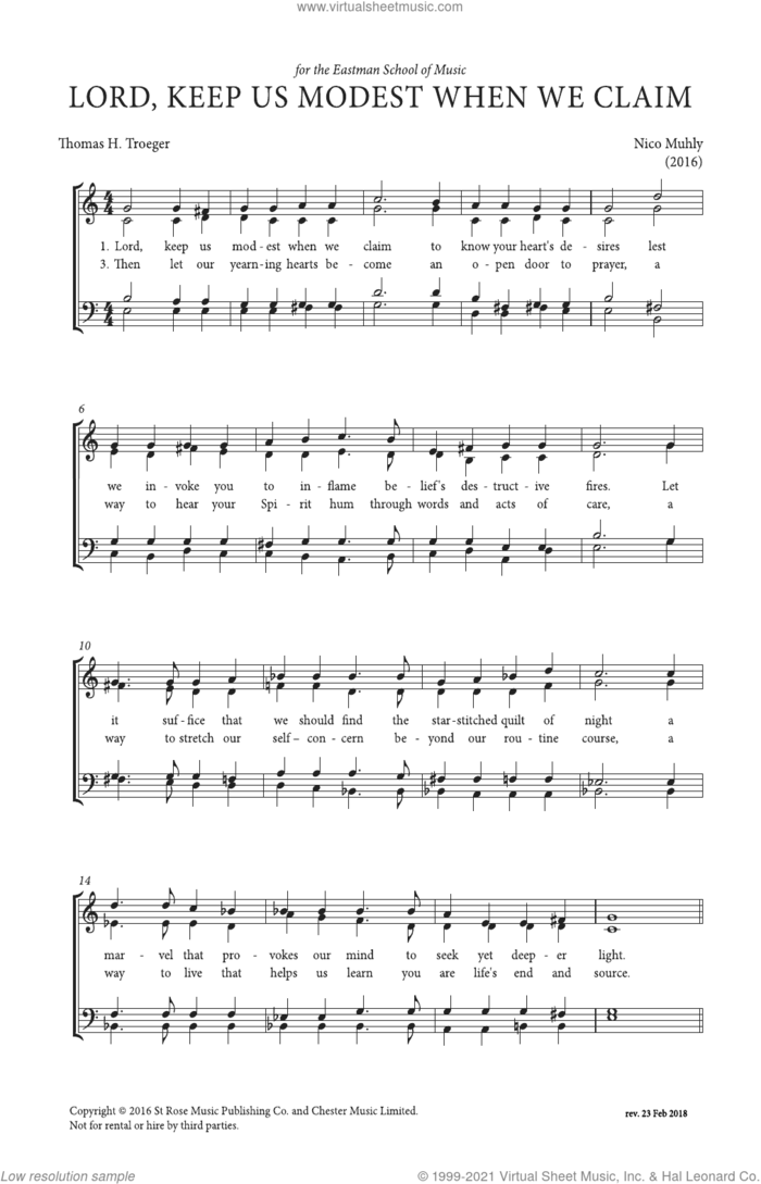 Lord, Keep Us Modest When We Claim sheet music for choir (SATB: soprano, alto, tenor, bass) by Nico Muhly, classical score, intermediate skill level