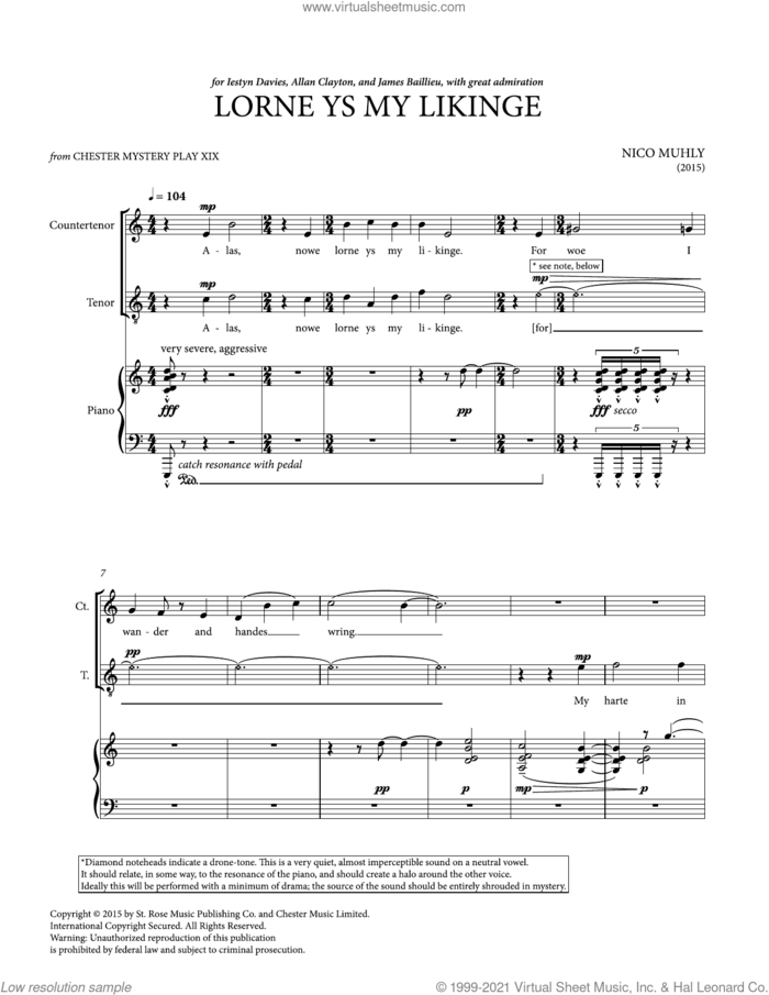 Lorne Ys My Likinge sheet music for voice and piano by Nico Muhly, classical score, intermediate skill level
