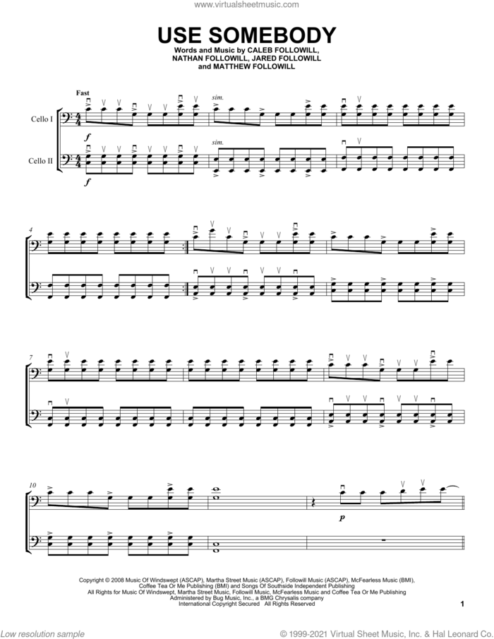Use Somebody sheet music for two cellos (duet, duets) by 2Cellos, Kings Of Leon, Caleb Followill, Jared Followill, Matthew Followill and Nathan Followill, intermediate skill level