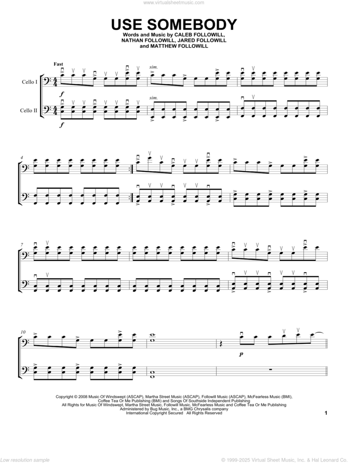 Use Somebody sheet music for two cellos (duet, duets) by 2Cellos, Kings Of Leon, Caleb Followill, Jared Followill, Matthew Followill and Nathan Followill, intermediate skill level