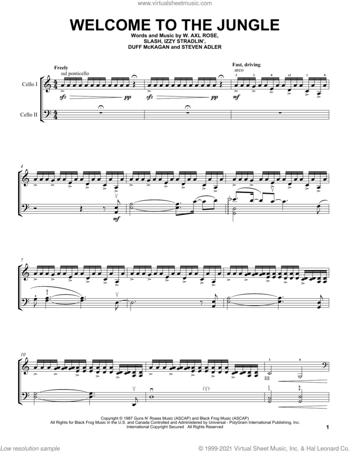 Welcome To The Jungle sheet music for two cellos (duet, duets) by 2Cellos, Axl Rose, Duff McKagan, Slash and Steven Adler, intermediate skill level