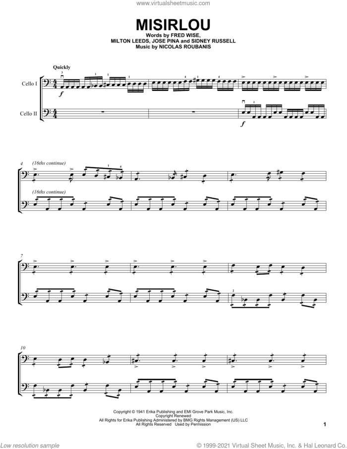 Misirlou sheet music for two cellos (duet, duets) by 2Cellos, Fred Wise, Jose Pina, Milton Leeds, Nicolas Roubanis and Sidney Russell, intermediate skill level