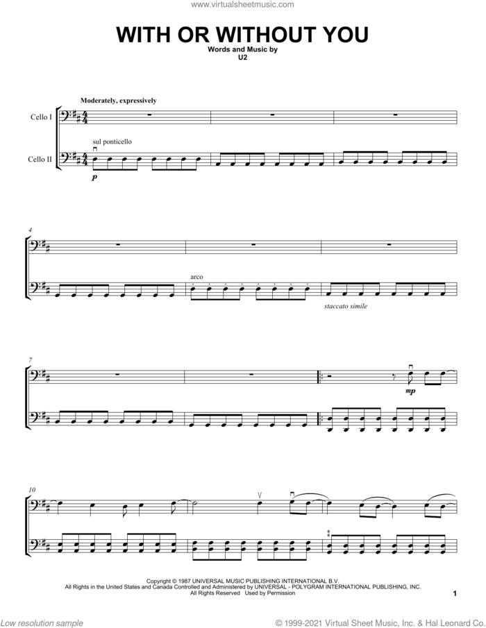 With Or Without You sheet music for two cellos (duet, duets) by 2Cellos and U2, intermediate skill level