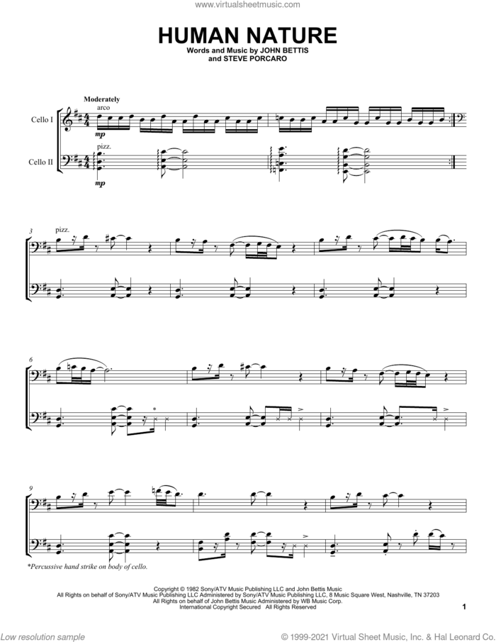 Human Nature sheet music for two cellos (duet, duets) by 2Cellos, Michael Jackson, John Bettis and Steve Porcaro, intermediate skill level