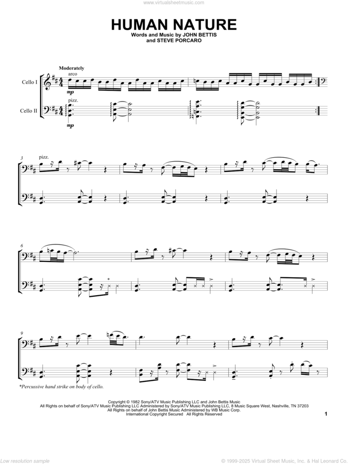 Human Nature sheet music for two cellos (duet, duets) by 2Cellos, Michael Jackson, John Bettis and Steve Porcaro, intermediate skill level