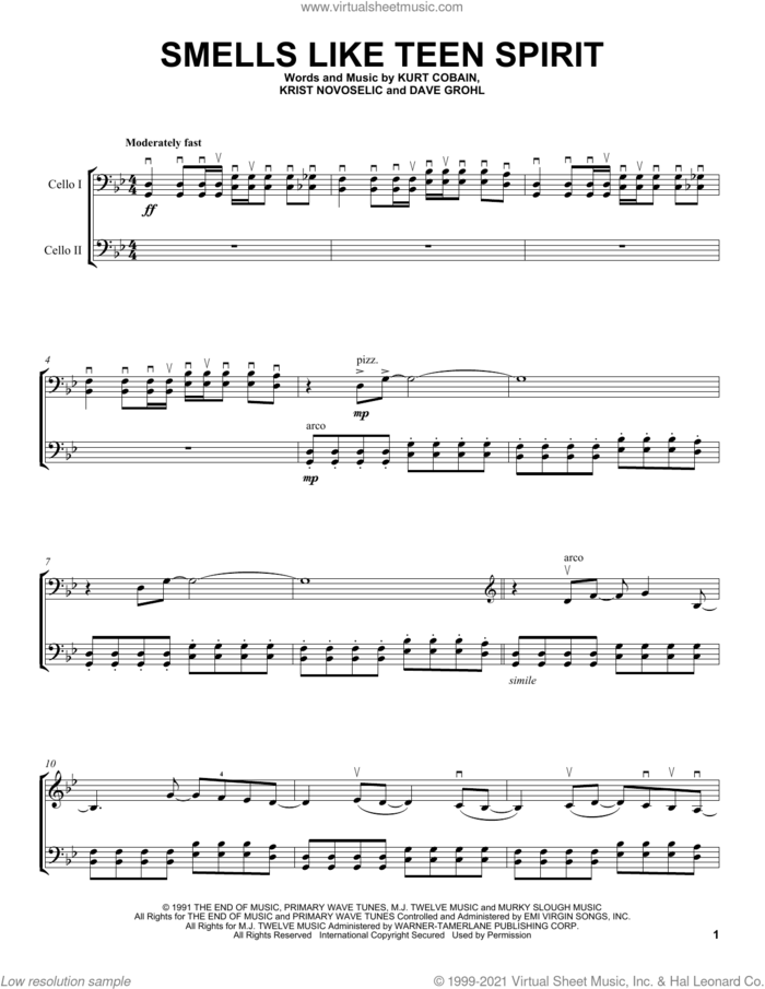 Smells Like Teen Spirit sheet music for two cellos (duet, duets) by 2Cellos, Nirvana, Dave Grohl, Krist Novoselic and Kurt Cobain, intermediate skill level