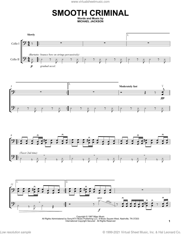 Smooth Criminal sheet music for two cellos (duet, duets) by 2Cellos and Michael Jackson, intermediate skill level