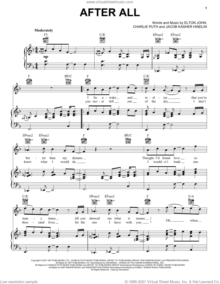 After All sheet music for voice, piano or guitar by Elton John & Charlie Puth, Charlie Puth, Elton John and Jacob Kasher Hindlin, intermediate skill level