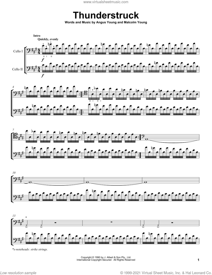 Thunderstruck sheet music for two cellos (duet, duets) by 2Cellos, AC/DC, Angus Mckinnon Young and Malcolm Mitchell Young, intermediate skill level