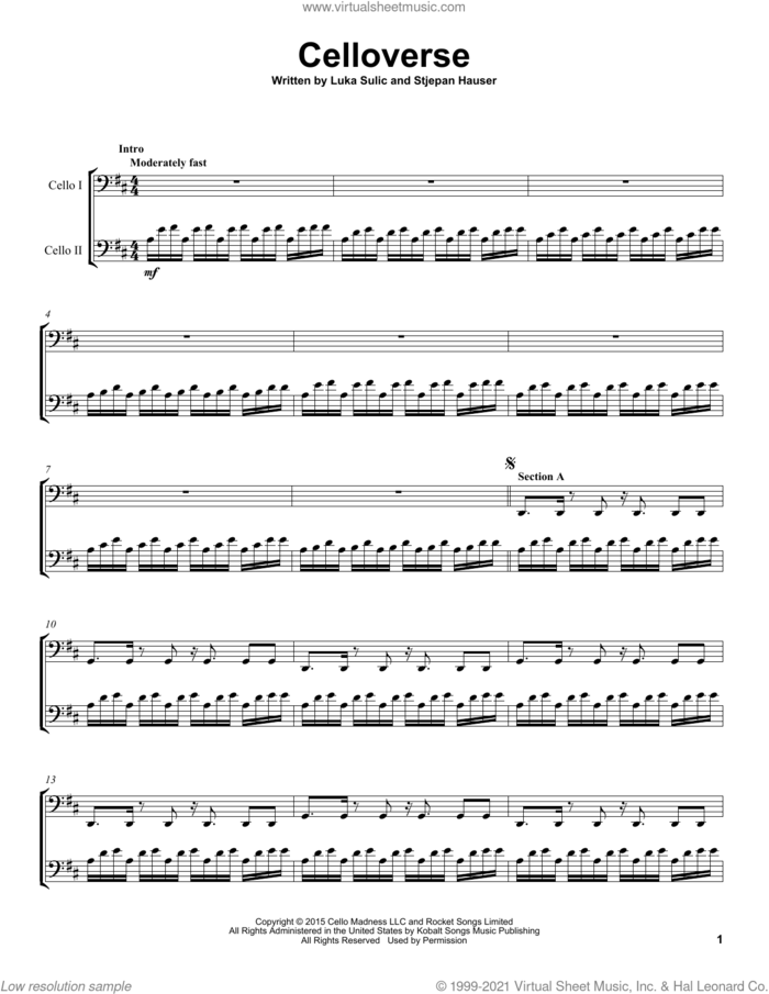 Celloverse sheet music for two cellos (duet, duets) by 2Cellos, Luka Sulic and Stjepan Hauser, intermediate skill level