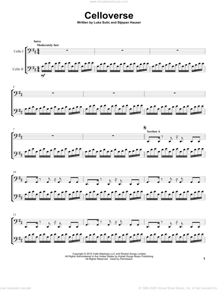 Celloverse sheet music for two cellos (duet, duets) by 2Cellos, Luka Sulic and Stjepan Hauser, intermediate skill level