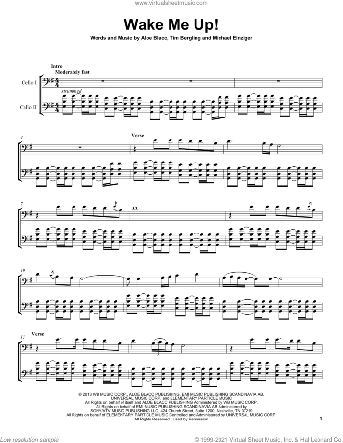 Wake Me Up sheet music for two cellos (duet, duets) by 2Cellos, Avicii, Aloe Blacc, Michael Einziger and Tim Bergling, intermediate skill level
