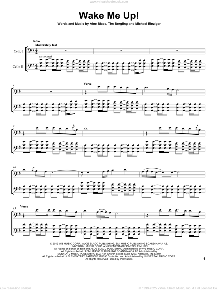 Wake Me Up sheet music for two cellos (duet, duets) by 2Cellos, Avicii, Aloe Blacc, Michael Einziger and Tim Bergling, intermediate skill level