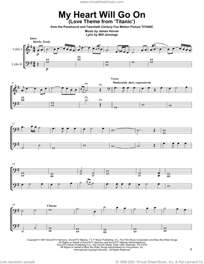 My Heart Will Go On (Love Theme from Titanic) sheet music for two cellos (duet, duets) by 2Cellos, Celine Dion, James Horner and Will Jennings, wedding score, intermediate skill level