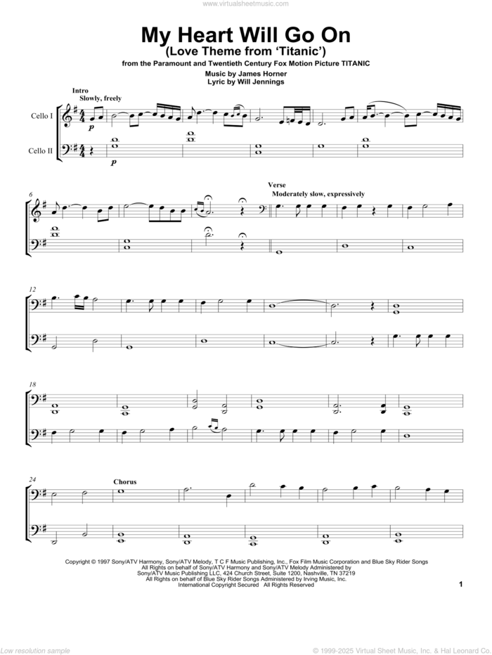 My Heart Will Go On (Love Theme from Titanic) sheet music for two cellos (duet, duets) by 2Cellos, Celine Dion, James Horner and Will Jennings, wedding score, intermediate skill level