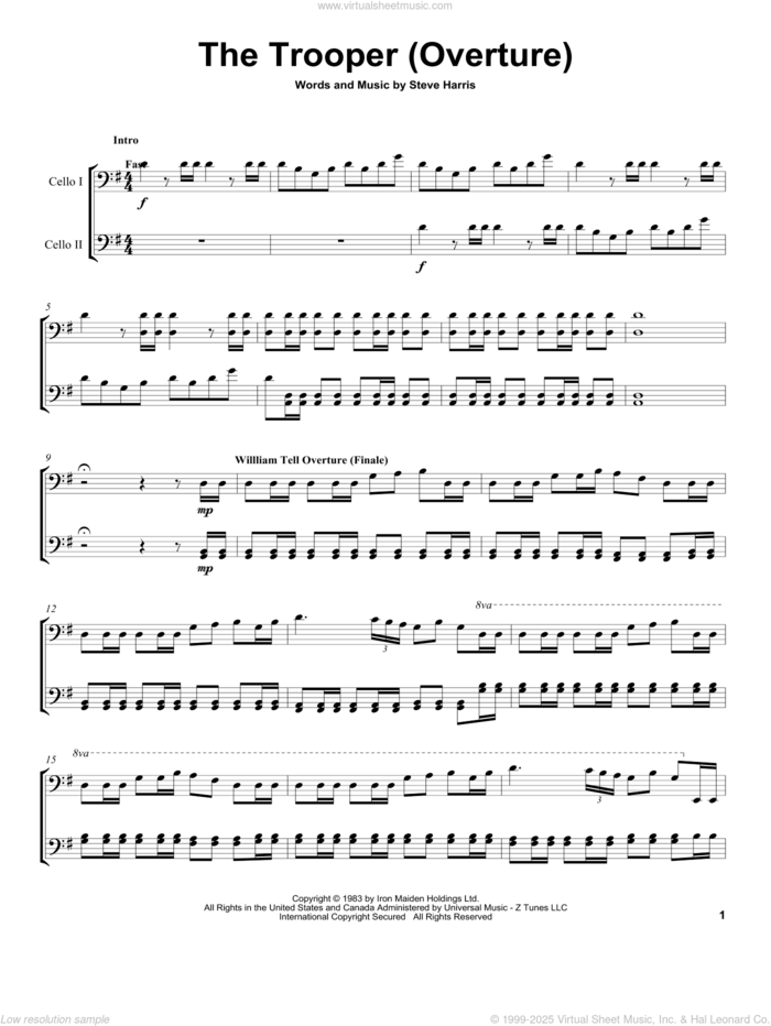 The Trooper sheet music for two cellos (duet, duets) by 2Cellos, Iron Maiden and Steve Harris, intermediate skill level