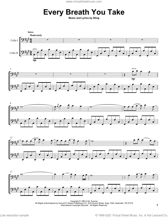 Every Breath You Take sheet music for two cellos (duet, duets) by 2Cellos, The Police and Sting, intermediate skill level