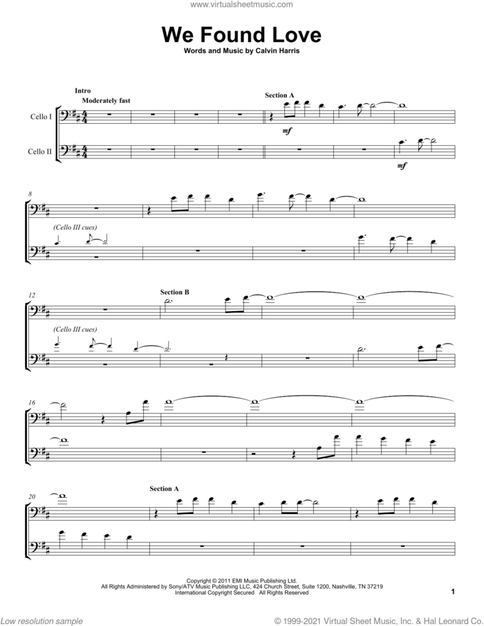 We Found Love sheet music for two cellos (duet, duets) by 2Cellos, Rihanna featuring Calvin Harris and Calvin Harris, wedding score, intermediate skill level