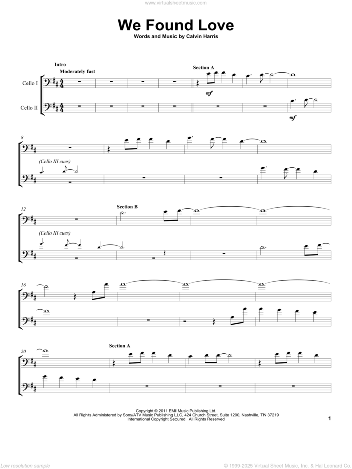 We Found Love sheet music for two cellos (duet, duets) by 2Cellos, Rihanna featuring Calvin Harris and Calvin Harris, wedding score, intermediate skill level