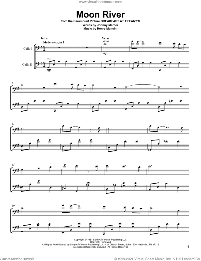 Moon River sheet music for two cellos (duet, duets) by 2Cellos, Andy Williams, Henry Mancini and Johnny Mercer, wedding score, intermediate skill level