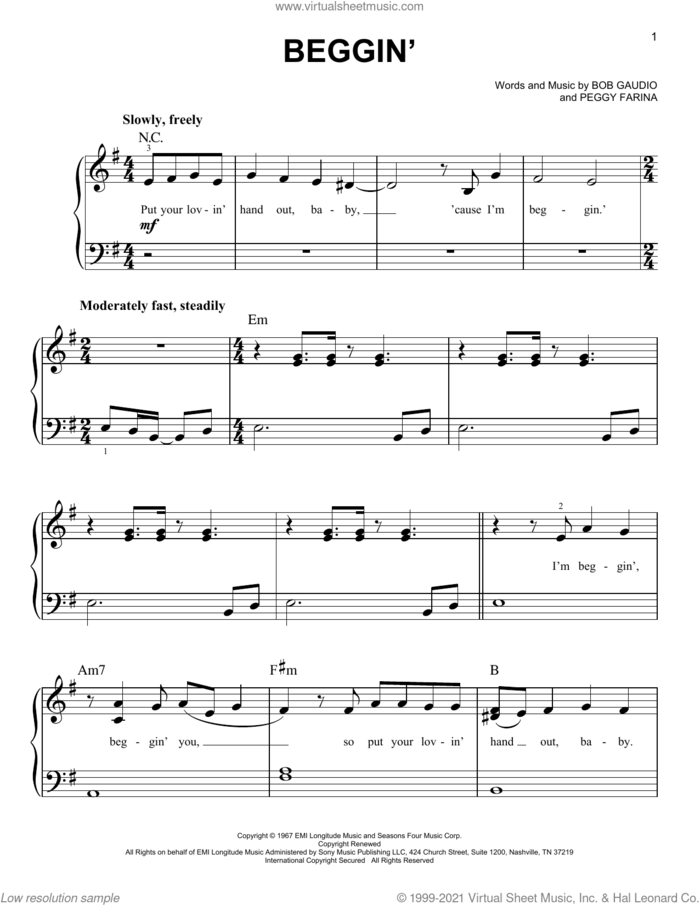 Beggin' sheet music for piano solo by Maneskin, Madcon, The Four Seasons, Bob Gaudio and Peggy Farina, easy skill level