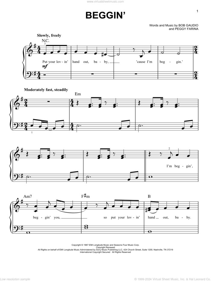 Beggin' sheet music for piano solo by Maneskin, Madcon, The Four Seasons, Bob Gaudio and Peggy Farina, easy skill level