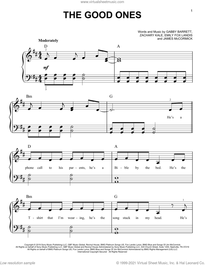 The Good Ones sheet music for piano solo by Gabby Barrett, Emily Fox Landis, James McCormick and Zachary Kale, easy skill level