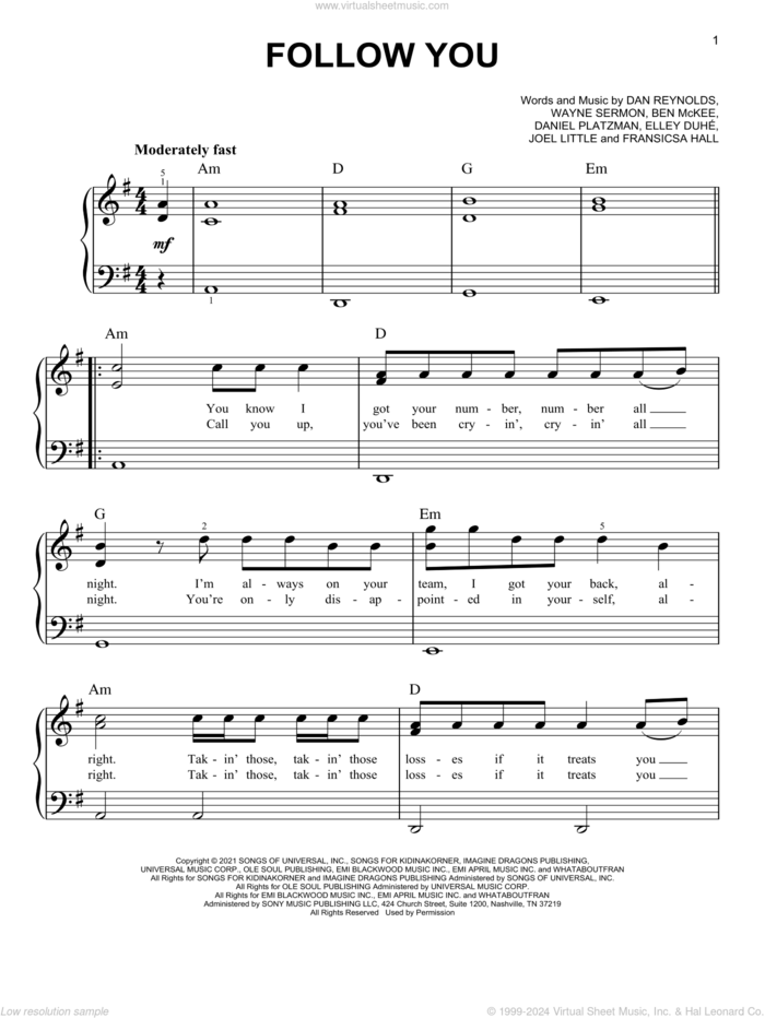 Follow You sheet music for piano solo by Imagine Dragons, Ben McKee, Dan Reynolds, Daniel Platzman, Elley Duhe, Elley Duhe, Fransisca Hall, Joel Little and Wayne Sermon, easy skill level